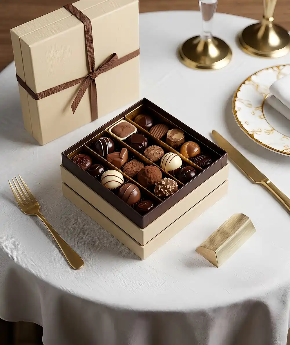 A high-end, multi-tiered chocolate gift set manufactured by Creative Space, presented in a luxurious tabletop setting that emphasizes the GCC’s appetite for premium confectionery. The focal point is a square, three-tiered rigid box system: the top tier is open, revealing a dark chocolate brown interior divided into a grid containing an assortment of artisanal truffles and pralines, while the lower two tiers remain closed in a contrasting champagne-gold textured paper finish. To the left, a matching closed box is tied vertically with a thin, chocolate-brown grosgrain ribbon, highlighting the brand's attention to bespoke finishing and giftability. The boxes are set upon a crisp white linen tablecloth, surrounded by elegant gold-plated cutlery, a fine china plate with gold filigree, and soft, warm lighting that casts gentle shadows, positioning the product as a centerpiece for luxury hospitality, high-end corporate gifting, or Ramadan majlis celebrations.