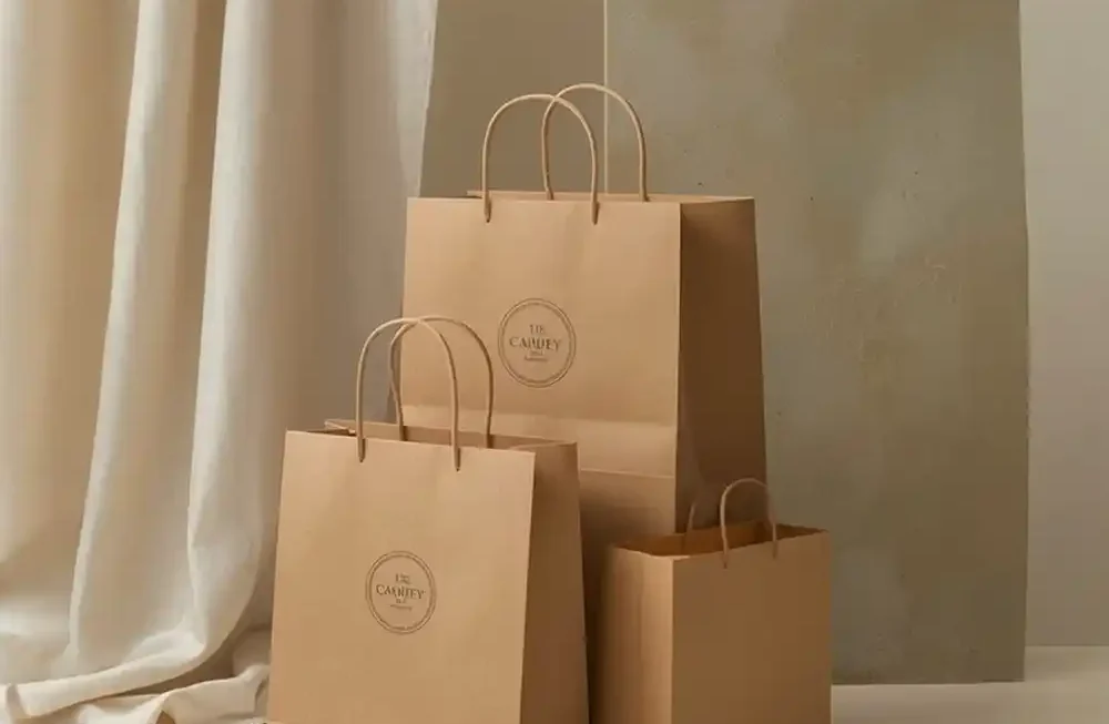 A minimalist studio composition featuring a set of three premium brown kraft paper shopping bags in varying sizes, made by Creative Space. The bags are arranged with the largest in the back and two smaller ones in the foreground, all featuring matching twisted paper handles and a smooth, natural texture. The two larger bags display a faint, circular stamped logo on the front. The background consists of soft, draped cream fabric on the left and a textured beige board on the right, creating a warm, monochromatic, and eco-friendly aesthetic. Eco-Friendly Packaging Bags UAE