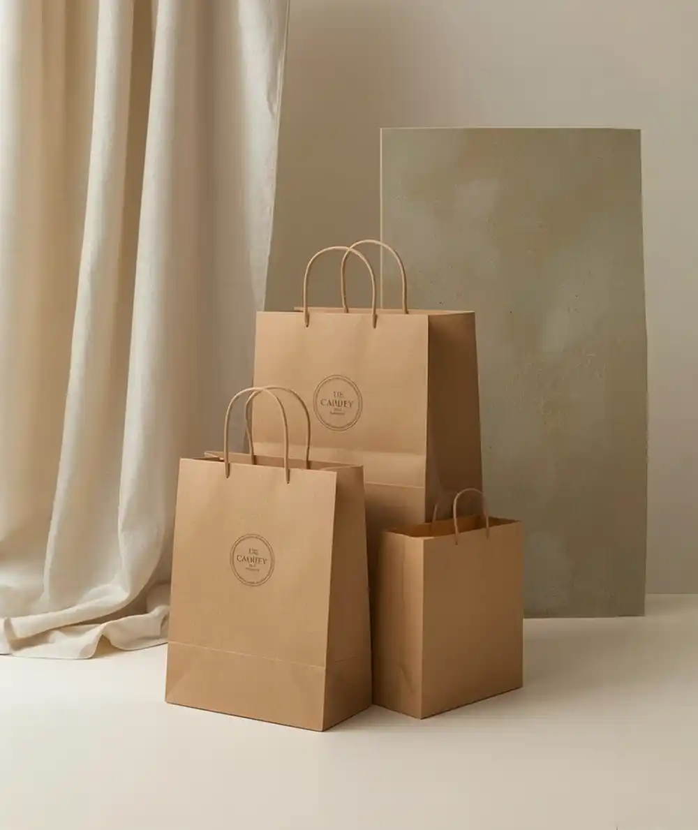 A minimalist studio composition featuring a set of three premium brown kraft paper shopping bags in varying sizes, made by Creative Space. The bags are arranged with the largest in the back and two smaller ones in the foreground, all featuring matching twisted paper handles and a smooth, natural texture. The two larger bags display a faint, circular stamped logo on the front. The background consists of soft, draped cream fabric on the left and a textured beige board on the right, creating a warm, monochromatic, and eco-friendly aesthetic. Eco-Friendly Packaging Bags UAE