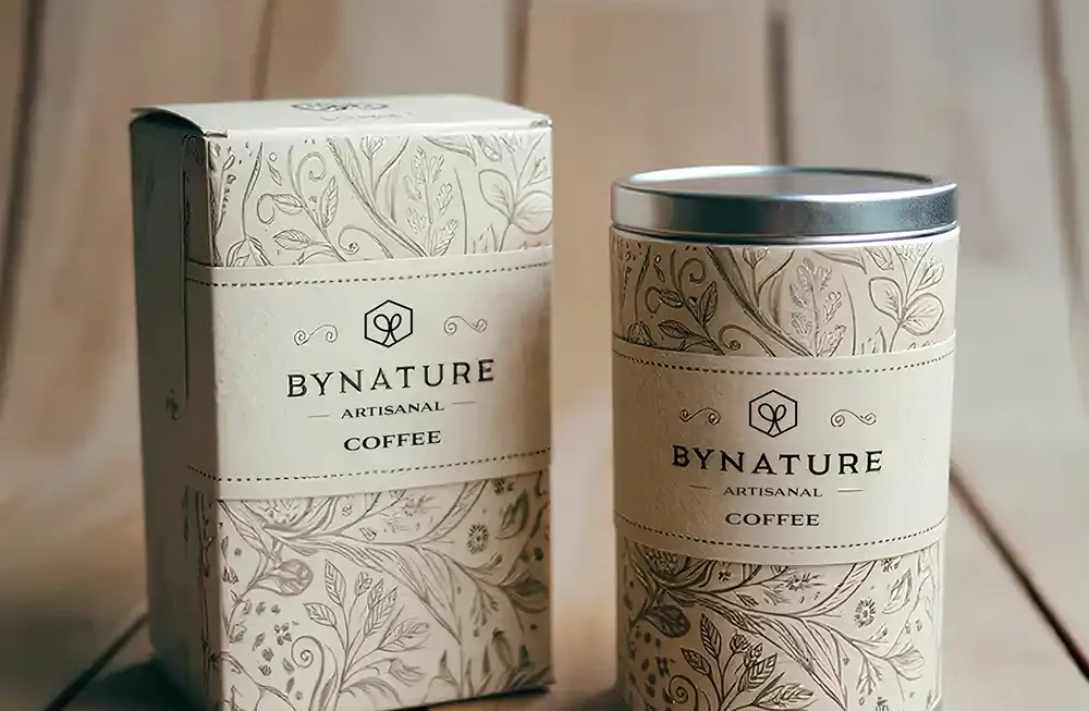 A clean studio shot displays two pieces of artisanal coffee packaging manufactured in Creative Space, a rectangular paper box and a cylindrical metal tin, resting on a light-colored wooden table. Both items share a coordinated design featuring a central light beige label with the logo and the text "BYNATURE ARTISANAL COFFEE," set against a background of intricate, debossed or printed nature-inspired patterns in a muted beige tone, conveying a rustic and high-quality aesthetic. Labels and Sleeves