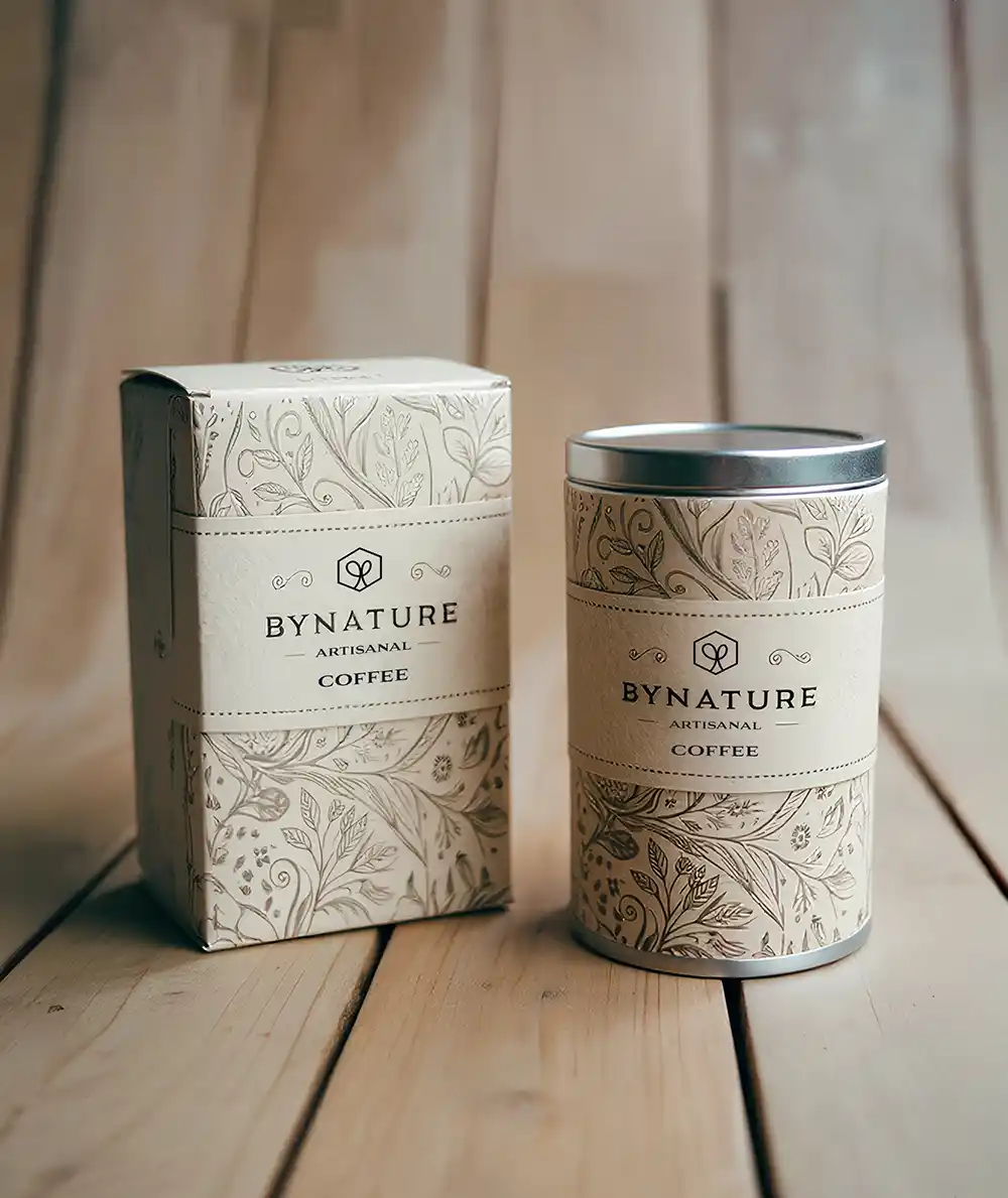 A clean studio shot displays two pieces of artisanal coffee packaging manufactured in Creative Space, a rectangular paper box and a cylindrical metal tin, resting on a light-colored wooden table. Both items share a coordinated design featuring a central light beige label with the logo and the text "BYNATURE ARTISANAL COFFEE," set against a background of intricate, debossed or printed nature-inspired patterns in a muted beige tone, conveying a rustic and high-quality aesthetic. Labels and Sleeves