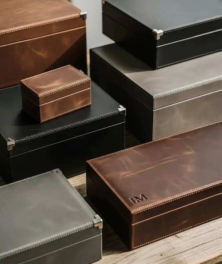 A high-angle, studio-style shot displays a variety of stacked and scattered leather storage boxes made by Creative Space, resting on a weathered wooden table. The organizers appear in three distinct colors—rich cognac brown, matte black, and slate grey—each showcasing a premium finish with visible grain and distinct stitching along the seams. Several of the larger boxes feature reinforced silver metal corners, adding a structured, vintage aesthetic. The lighting is soft and directional, casting gentle shadows that emphasize the tactile quality of the leather and the embossed detailing on the front-most brown box, presenting a refined solution for workspace organization. Premium Leather Boxes