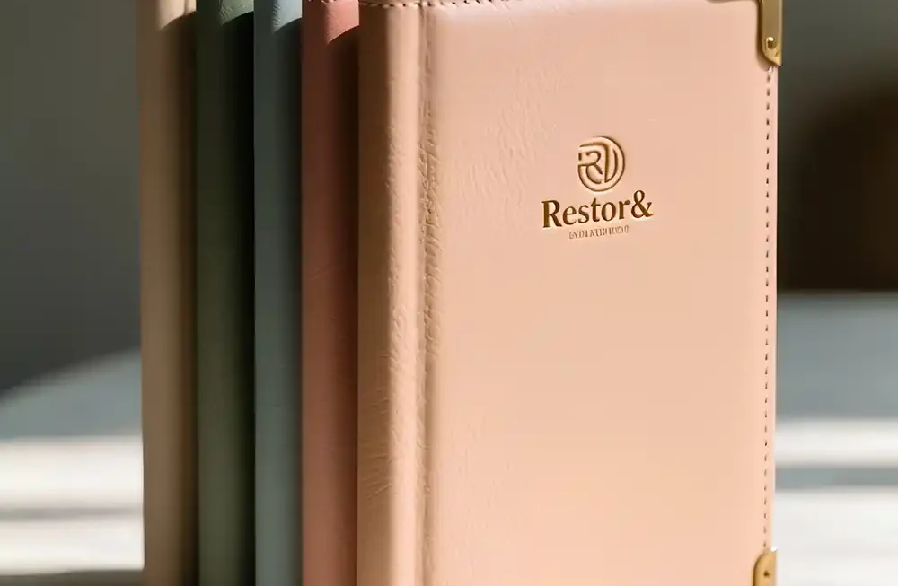 A close-up, eye-level studio shot features a set of five high-quality journals standing upright in a neat row, designed and made by Creative Space. The notebooks display a soft, pastel color palette, transitioning from a cream back cover through shades of sage green, slate blue, and dusty pink, to a prominent peach-colored journal at the front. The front cover showcases a rich leather-like texture with precision stitching along the edges, accented by elegant gold metal corner protectors on the right side and a gold-foiled logo centered on the face. The arrangement rests on a light marble surface, illuminated by natural sunlight that casts soft shadows to the left, highlighting the premium craftsmanship of the stationery. Luxury Menu Folders