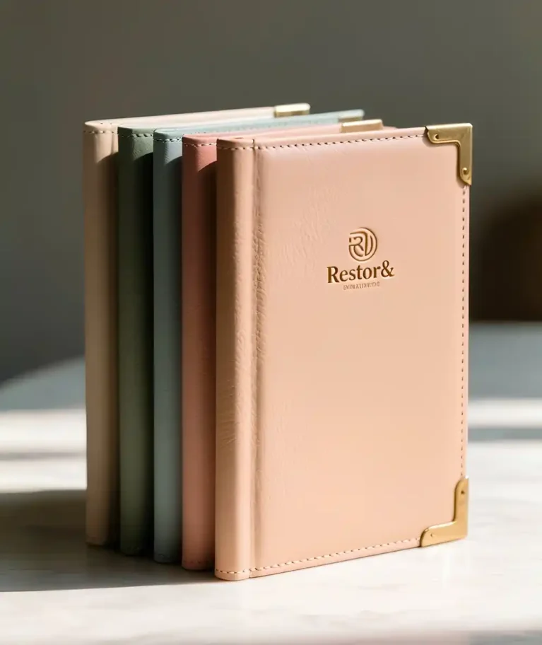 A close-up, eye-level studio shot features a set of five high-quality journals standing upright in a neat row, designed and made by Creative Space. The notebooks display a soft, pastel color palette, transitioning from a cream back cover through shades of sage green, slate blue, and dusty pink, to a prominent peach-colored journal at the front. The front cover showcases a rich leather-like texture with precision stitching along the edges, accented by elegant gold metal corner protectors on the right side and a gold-foiled logo centered on the face. The arrangement rests on a light marble surface, illuminated by natural sunlight that casts soft shadows to the left, highlighting the premium craftsmanship of the stationery. Luxury Menu Folders