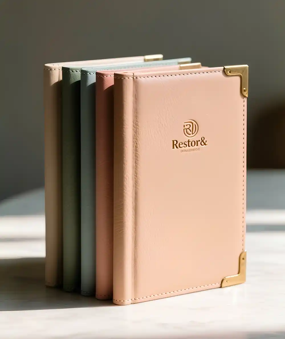 A close-up, eye-level studio shot features a set of five high-quality journals standing upright in a neat row, designed and made by Creative Space. The notebooks display a soft, pastel color palette, transitioning from a cream back cover through shades of sage green, slate blue, and dusty pink, to a prominent peach-colored journal at the front. The front cover showcases a rich leather-like texture with precision stitching along the edges, accented by elegant gold metal corner protectors on the right side and a gold-foiled logo centered on the face. The arrangement rests on a light marble surface, illuminated by natural sunlight that casts soft shadows to the left, highlighting the premium craftsmanship of the stationery. Luxury Menu Folders