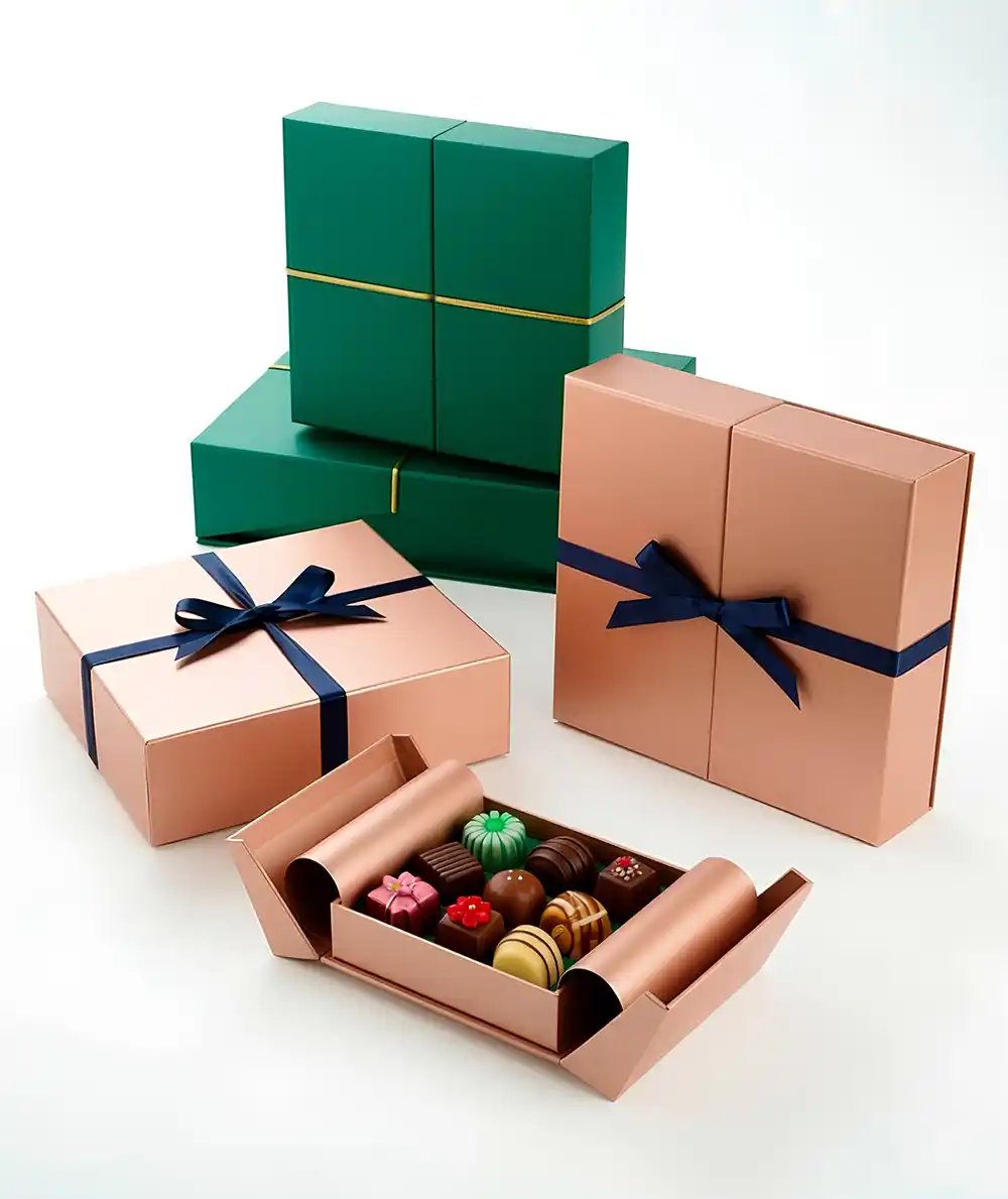 A sophisticated studio shot displays an arrangement of high-end gift packaging for chocolates or small luxury items on a clean white surface. The foreground features an open rose gold box tied with a dark navy satin ribbon, with the sides unfolded to dramatically present a tray of colorful, artisan bonbons and truffles. Surrounding it are several closed boxes: a tall vertical rose gold box and a flat square rose gold box, both accented with the navy ribbon, and a stack of deep emerald green boxes sealed with a delicate gold metallic string in the background, conveying a high degree of luxury and elegance suitable for celebratory gifting. Miniature Gift Boxes