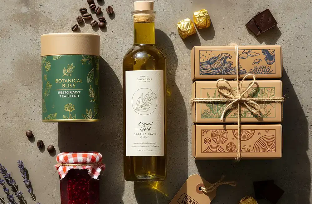 A flat lay, overhead studio shot displays a meticulously arranged gourmet food gift set manufactured in Creative Space, laid out on a textured grey concrete surface under bright, directional sunlight. The collection includes a tall, dark green cylindrical tea canister labeled "BOTANICAL BLISS RESTORATIVE TEA BLEND," a clear glass bottle of "Liquid Gold" olive oil with a cork stopper, and a stack of three rectangular craft paper boxes tied with twine, each featuring a unique illustrative design. Accompanying these are a small jar of raspberry jam with a red checkered lid, a sprig of fresh lavender, scattered coffee beans, gold foil-wrapped chocolates, and dark chocolate squares, all creating an inviting, artisanal presentation. Sustainable Packaging In UAE