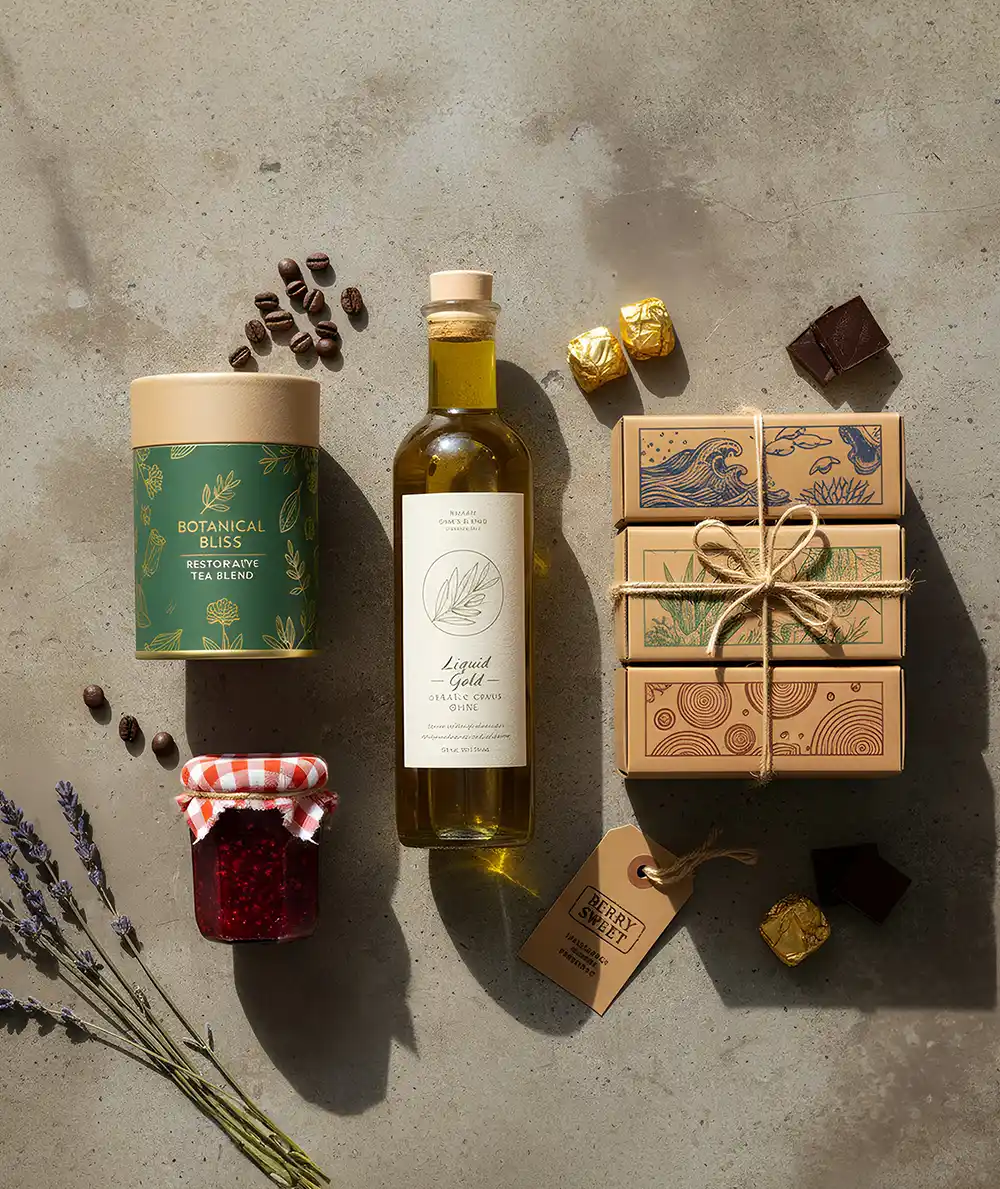 A flat lay, overhead studio shot displays a meticulously arranged gourmet food gift set manufactured in Creative Space, laid out on a textured grey concrete surface under bright, directional sunlight. The collection includes a tall, dark green cylindrical tea canister labeled "BOTANICAL BLISS RESTORATIVE TEA BLEND," a clear glass bottle of "Liquid Gold" olive oil with a cork stopper, and a stack of three rectangular craft paper boxes tied with twine, each featuring a unique illustrative design. Accompanying these are a small jar of raspberry jam with a red checkered lid, a sprig of fresh lavender, scattered coffee beans, gold foil-wrapped chocolates, and dark chocolate squares, all creating an inviting, artisanal presentation. Sustainable Packaging In UAE