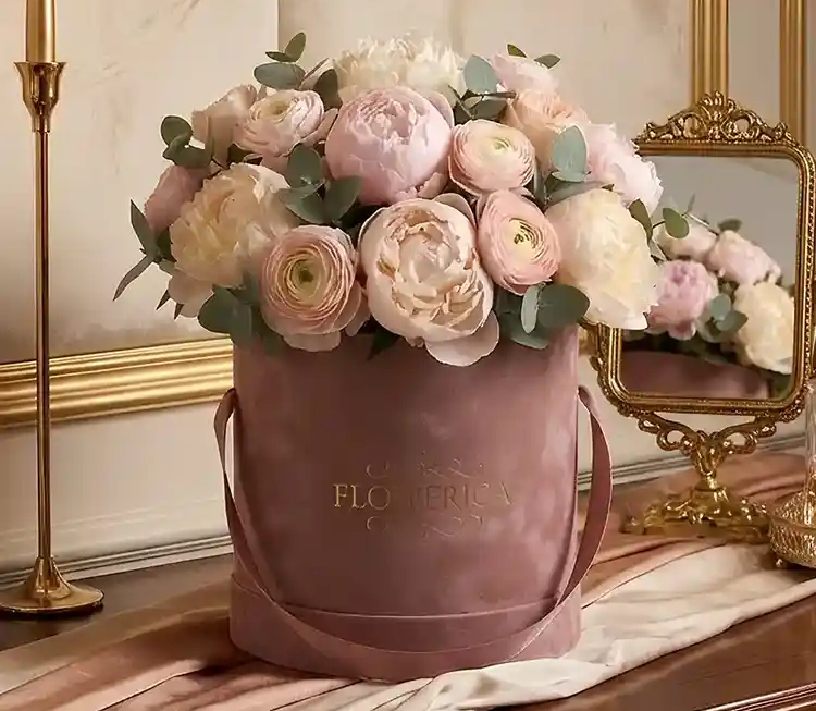 A luxurious round floral arrangement, made at CreativeSpace, sits elegantly on a dark, polished wooden surface, likely a dresser or console table. The centerpiece is a velvet-covered hatbox-style container in a soft, dusty rose or mauve color, with "FLOWERICA" embossed in a delicate gold font on its side. Two matching velvet straps extend from the sides, hinting at its portability. Overflowing from the box is a lush bouquet of light pink and cream-colored flowers, predominantly fluffy peonies and delicate ranunculus, interspersed with sprigs of eucalyptus or similar silvery-green foliage, adding texture and contrast. To the left of the flower box, a tall, slender golden candlestick holder stands, its candle unlit. To the right, a small, ornate vintage-style mirror with a gold frame reflects a portion of the beautiful floral arrangement, adding depth to the scene. The surface is adorned with a silky, two-toned fabric runner in shades of cream and light pink, creating a soft, elegant foundation for the display. In the background, a light-colored wall with subtle paneling or wainscoting and a larger gold-framed mirror or artwork completes the sophisticated and opulent setting. Luxury Flower Boxes.