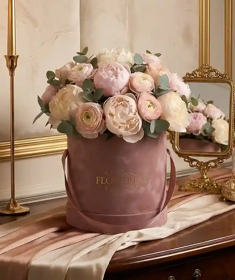 A luxurious round floral arrangement, made at CreativeSpace, sits elegantly on a dark, polished wooden surface, likely a dresser or console table. The centerpiece is a velvet-covered hatbox-style container in a soft, dusty rose or mauve color, with "FLOWERICA" embossed in a delicate gold font on its side. Two matching velvet straps extend from the sides, hinting at its portability. Overflowing from the box is a lush bouquet of light pink and cream-colored flowers, predominantly fluffy peonies and delicate ranunculus, interspersed with sprigs of eucalyptus or similar silvery-green foliage, adding texture and contrast. To the left of the flower box, a tall, slender golden candlestick holder stands, its candle unlit. To the right, a small, ornate vintage-style mirror with a gold frame reflects a portion of the beautiful floral arrangement, adding depth to the scene. The surface is adorned with a silky, two-toned fabric runner in shades of cream and light pink, creating a soft, elegant foundation for the display. In the background, a light-colored wall with subtle paneling or wainscoting and a larger gold-framed mirror or artwork completes the sophisticated and opulent setting. Luxury Flower Boxes.