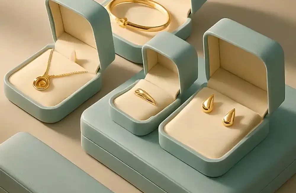A high-angle, studio-quality shot displaying a cohesive set of luxury custom jewelry boxes packaging, made by Creative Space. The collection features a soft, matte sage-green exterior finish with plush, cream-colored interior lining. Four open boxes are arranged on a matching tiered platform, showcasing gold jewelry pieces: a sleek bangle bracelet in a square box, a circular pendant necklace in a rectangular box, a minimalist ring in a small square box, and gold teardrop earrings in a medium box. A long, closed rectangular box rests in the foreground on the left. The lighting is soft and warm, highlighting the smooth texture of the boxes and the gleam of the gold jewelry. Custom jewelry boxes UAE.