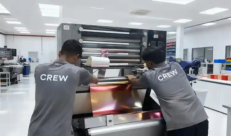 In a brightly lit, modern industrial facility, two technicians wearing grey t-shirts with "Creative Space CREW" printed on the back are operating a large piece of machinery. They are carefully guiding a wide, iridescent sheet of metallic foil—displaying a gradient of copper, gold, and pink—through a series of heavy industrial rollers. The workspace is clean and professional, featuring white walls, polished floors, and additional printing or manufacturing equipment visible in the background, suggesting a high-end commercial printing or product finishing environment.