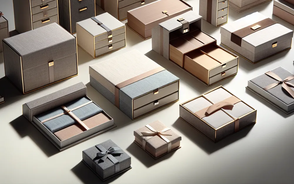 An array of premium, custom-designed rigid gift boxes from Creative Space Gifts is showcased in a high-angle, clean studio shot. The collection features a sophisticated, neutral color palette of slate gray, champagne beige, sandy taupe, and deep charcoal, all accented with elegant gold trim. The collection highlights a variety of high-end structural designs, including: Multi-tiered drawer boxes with petite gold pull handles. Flip-top magnetic closures featuring textured fabric finishes. Classic square and rectangular boxes finished with satin ribbons and intricate bows. Segmented organizer boxes designed for luxury jewelry or curated gift sets. Each piece displays a high level of craftsmanship, utilizing linen-textured papers and precise geometric lines to convey a sense of modern luxury and bespoke branding. The soft, directional lighting emphasizes the tactile quality of the materials and the sharp, sturdy edges of the rigid construction.